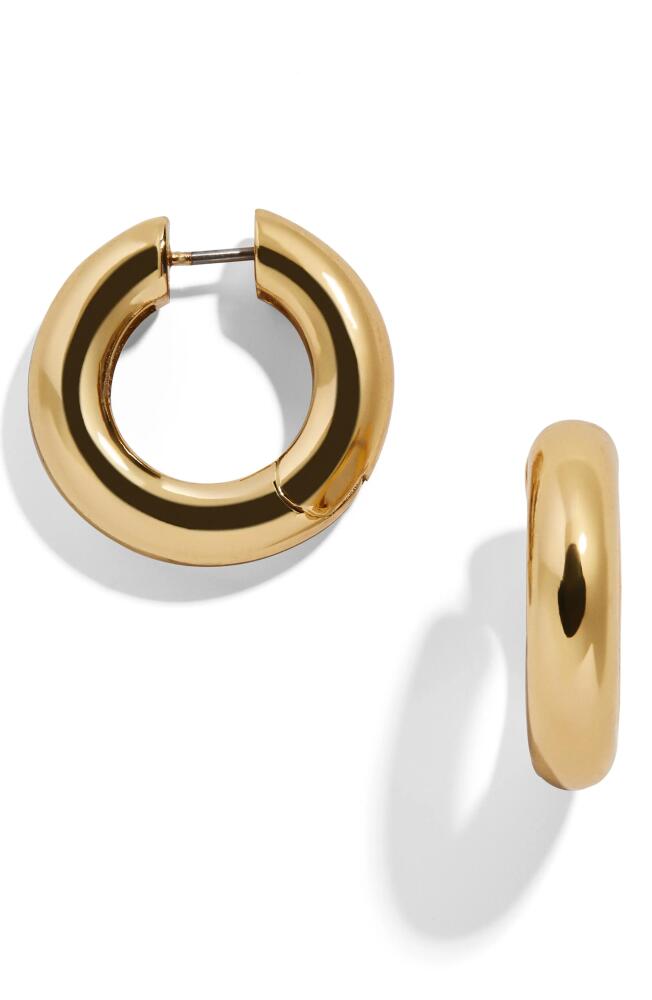 BaubleBar Dalilah Small Tube Huggie Hoops in Gold Cover