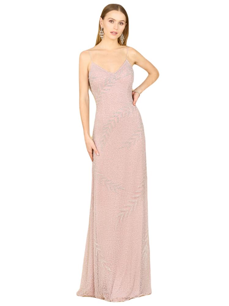 LARA New York Beaded Spaghetti Strap Navy Full-Length Gown in Blush Cover