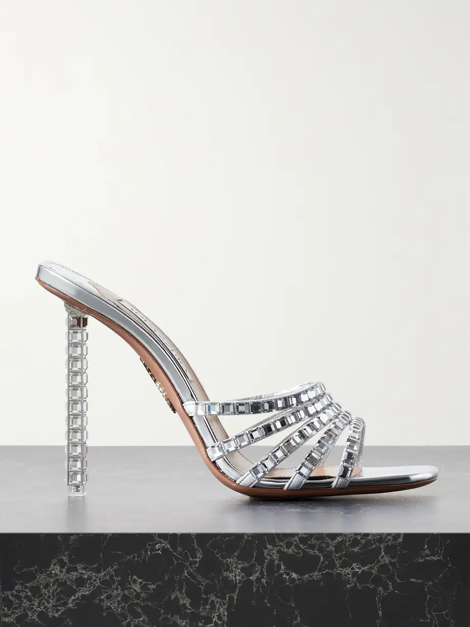 Aquazzura - Rock Chic 115 Crystal-embellished Mirrored Leather Mules - Silver Cover