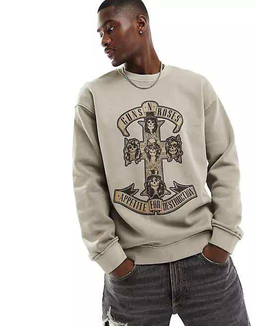 Only & Sons oversized Guns N' Roses sweatshirt in washed stone-Gray Cover