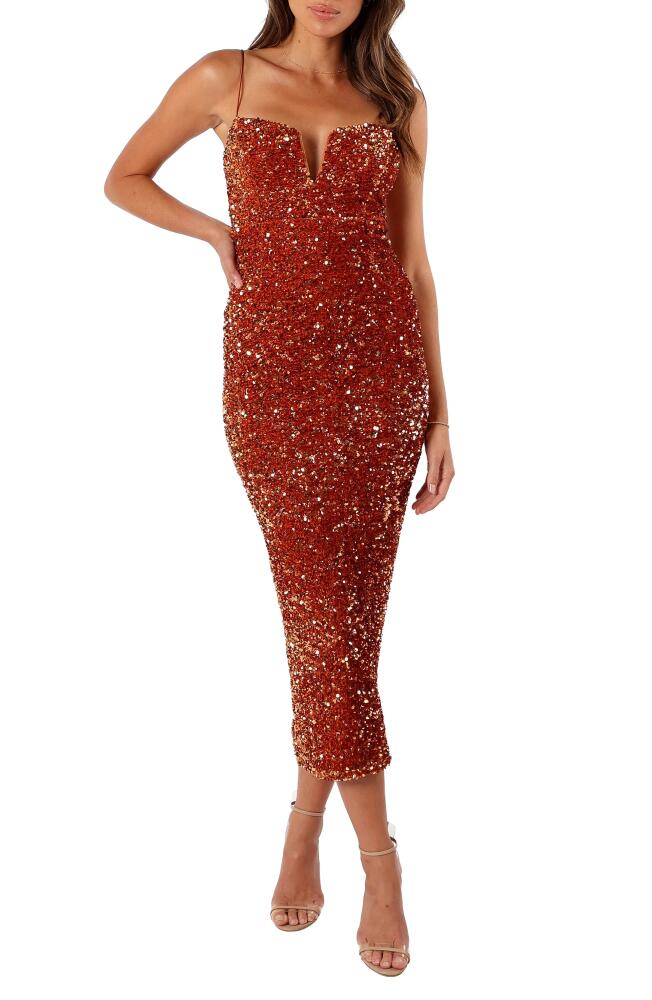 Petal & Pup Kailee Sequin Plunge Neck Cocktail Midi Dress in Gold Cover