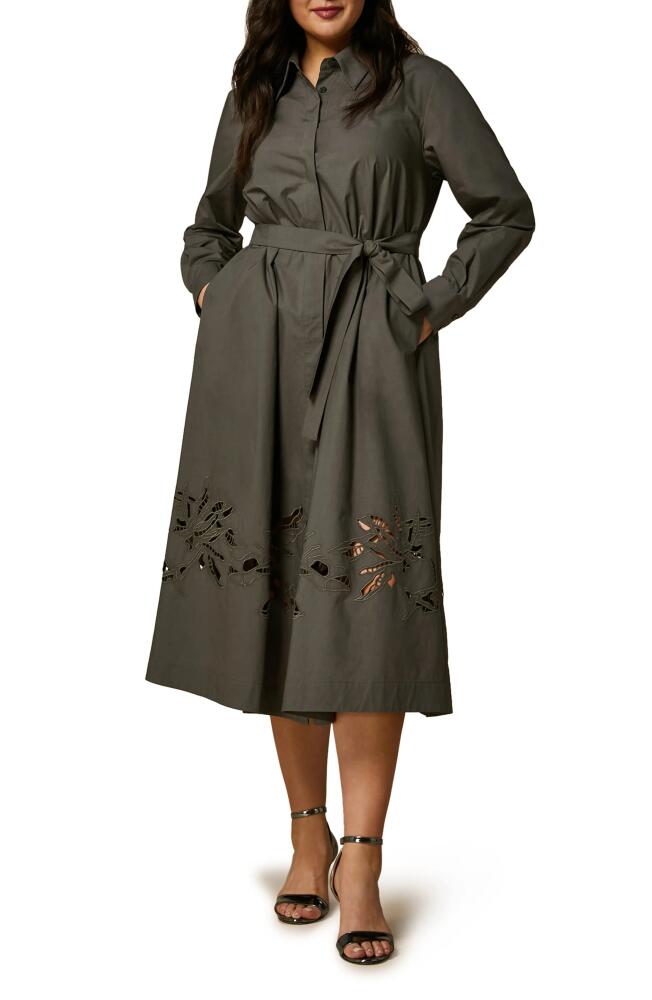 Marina Rinaldi Embroidered Belted Long Sleeve Cotton Poplin Shirtdress in Khaki Cover