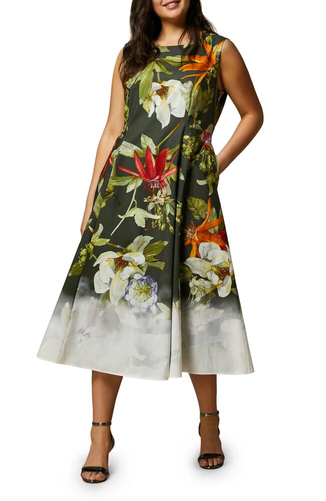 Marina Rinaldi Trento Placed Floral Sleeveless Cotton Poplin Dress in Black/Kaki Big Flower Cover