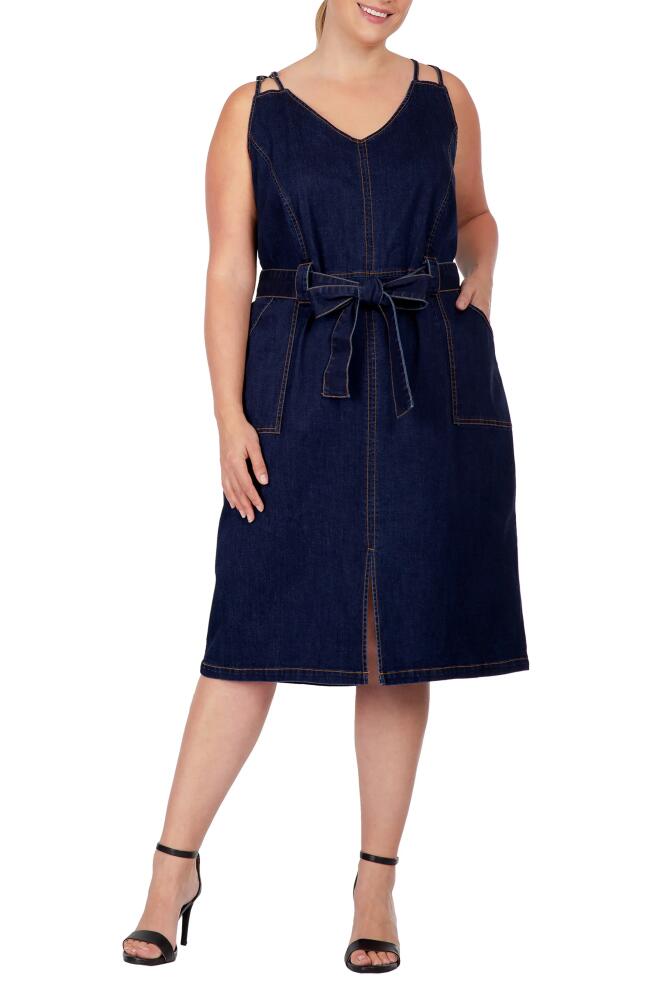 Standards & Practices Double Strap Tie Waist Denim Midi Dress in Indigo Rinse Cover