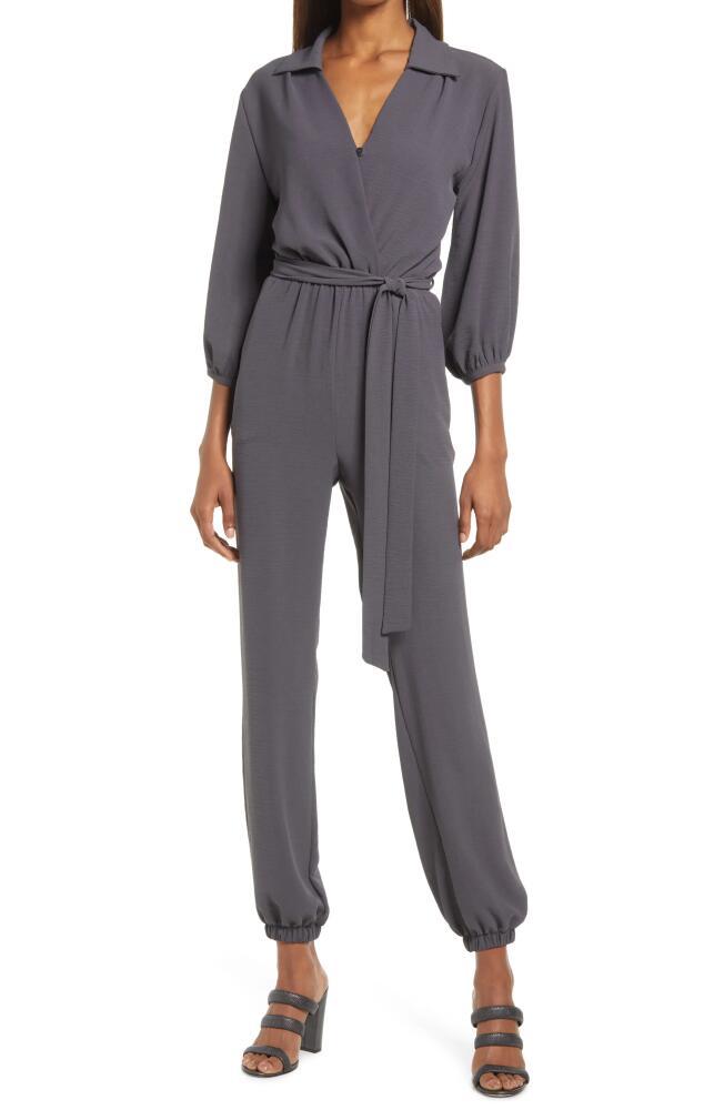 Fraiche by J Tie Waist Long Sleeve Jumpsuit in Charcoal Cover