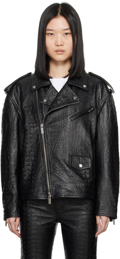 Blumarine Black Crocodile-Effect Leather Jacket Cover