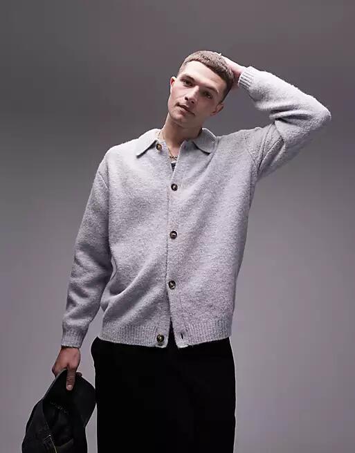 Topman knit button up cardigan in gray Cover