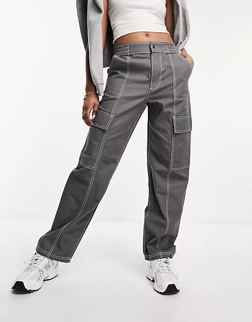 ASOS DESIGN seam detail cargo pants in gray with contrast stitch Cover