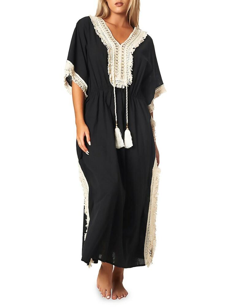 La Moda Clothing Women's Lace Trim Tassel Cover Up Caftan - Black Cover