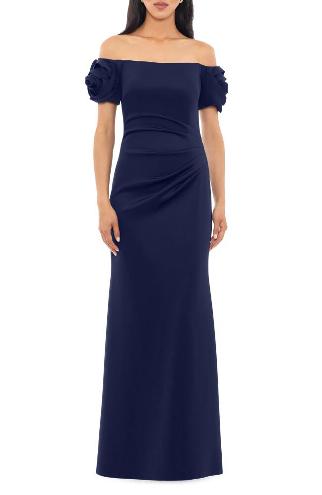 Xscape Evenings Rosette Off the Shoulder Scuba Gown in Midnight Cover