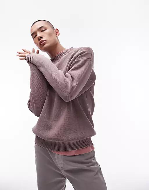 Topman acid wash relaxed fit sweater in mauve-Purple Cover