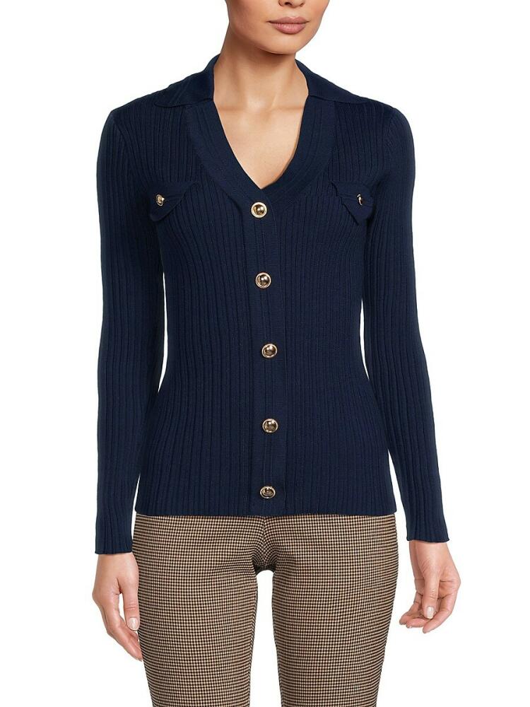 NANETTE nanette lepore Women's Ribbed Faux Button Sweater - Navy Cover