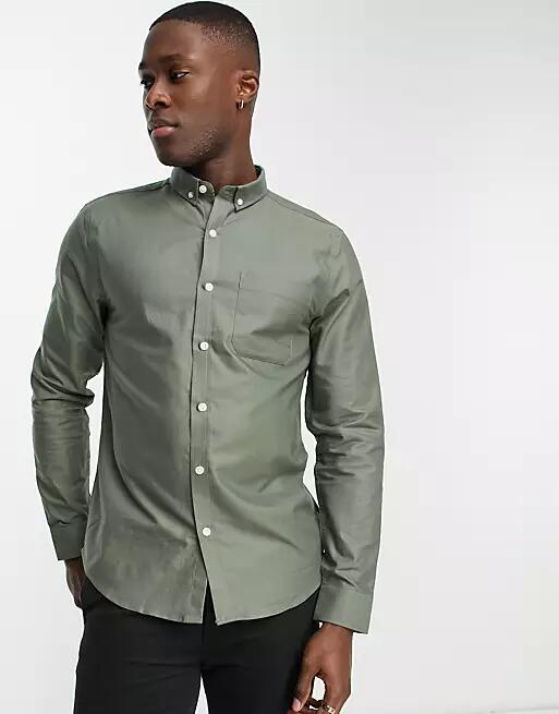 New Look smart long sleeve oxford shirt in khaki-Green Cover