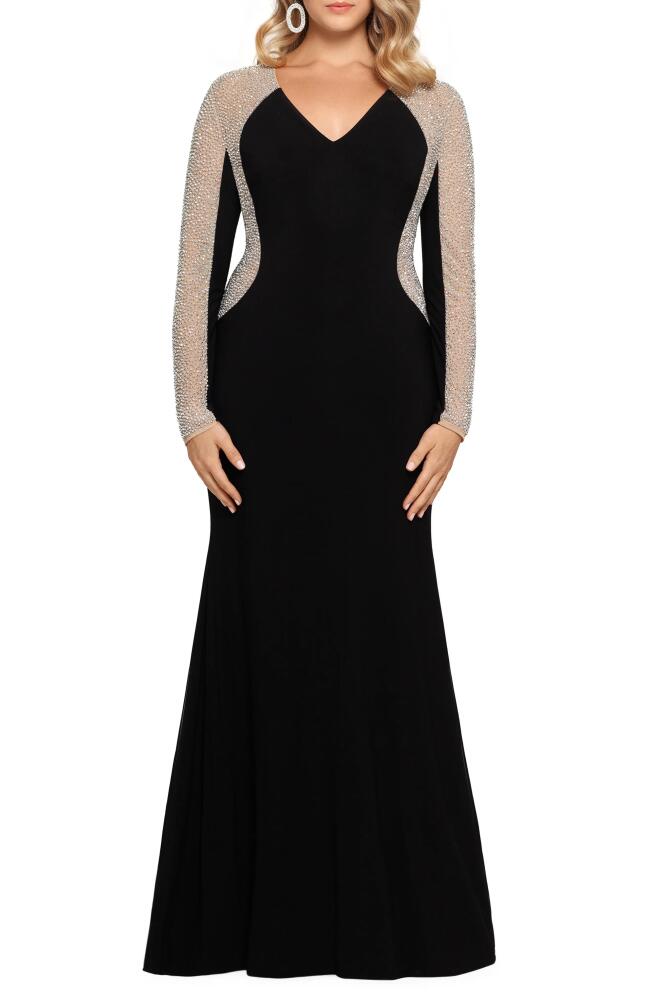 Xscape Evenings Xscape Crystal Beaded Long Sleeve Gown in Black Nude Silver Cover