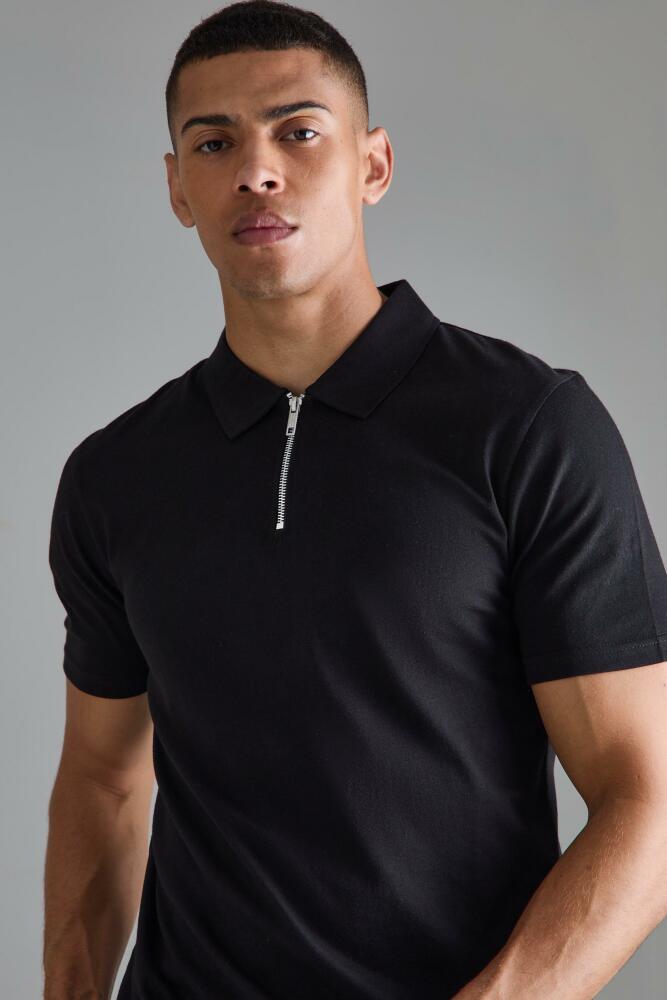 boohoo Mens Slim Zip Neck Polo - Black Cover