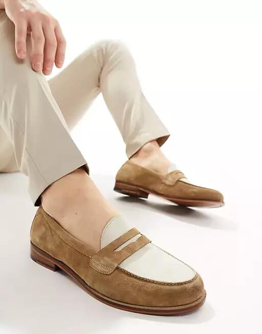 Walk London Torbole Saddle Loafers In Tan Suede/Off White Leather-Brown Cover