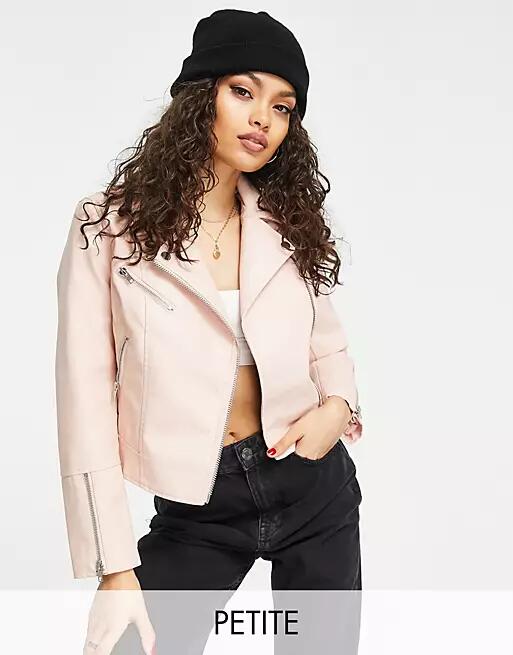 Miss Selfridge Petite faux leather zip front jacket in pink Cover