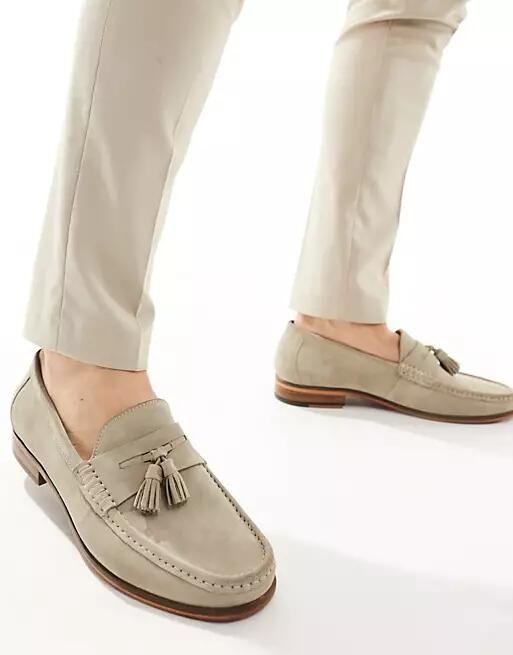 Walk London Tino Tassel Loafers In Stone Suede-Neutral Cover