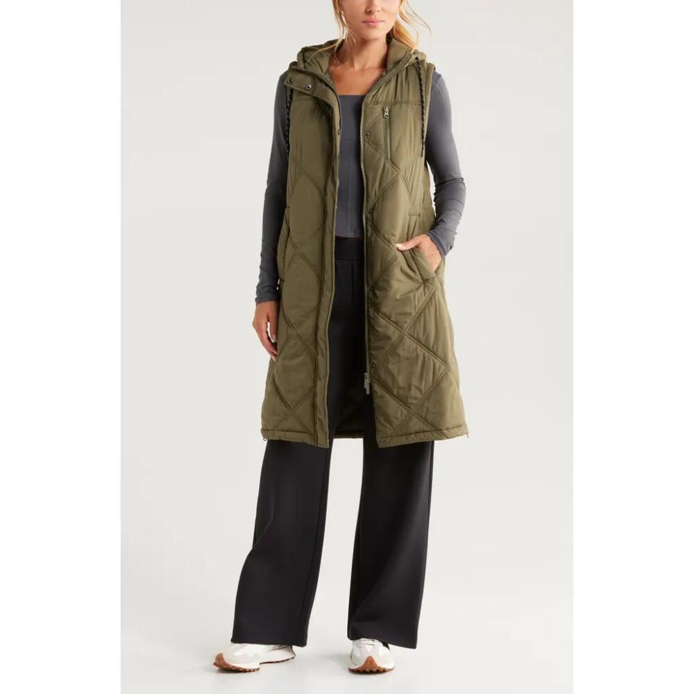 Zella Long Hooded Puffer Vest in Olive Night Cover