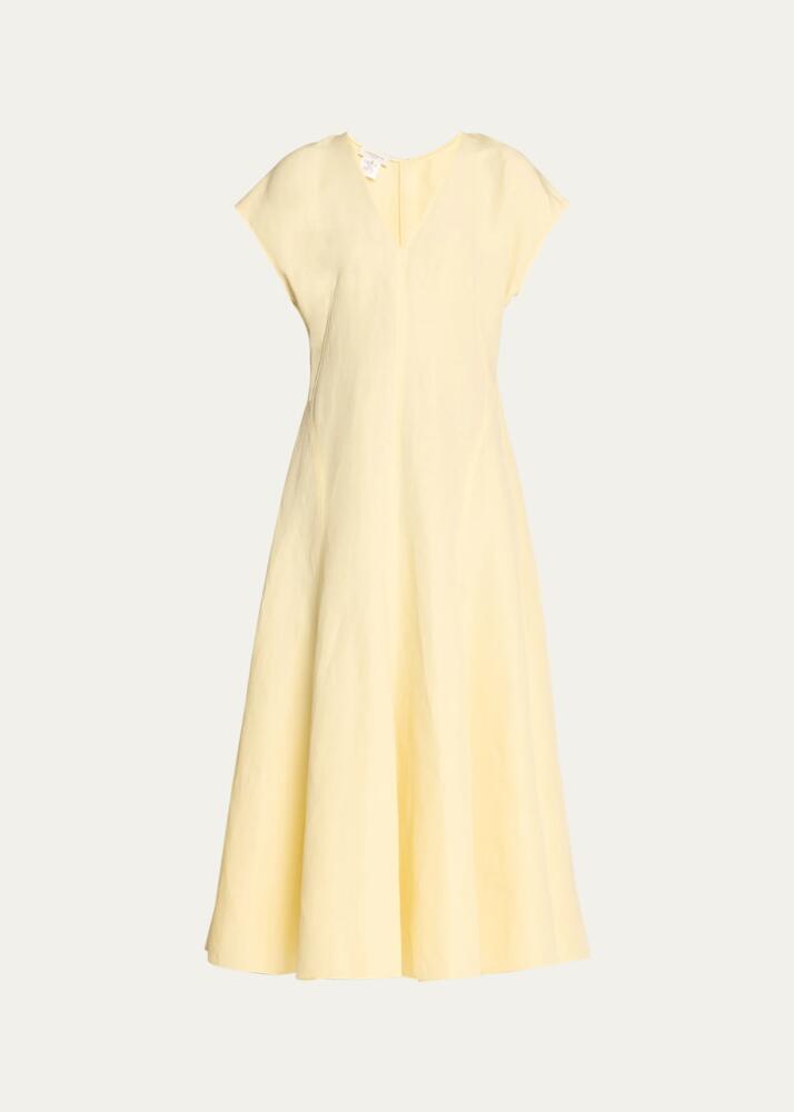 Lafayette 148 New York V-Neck A-Line Silk-Linen Midi Dress Cover