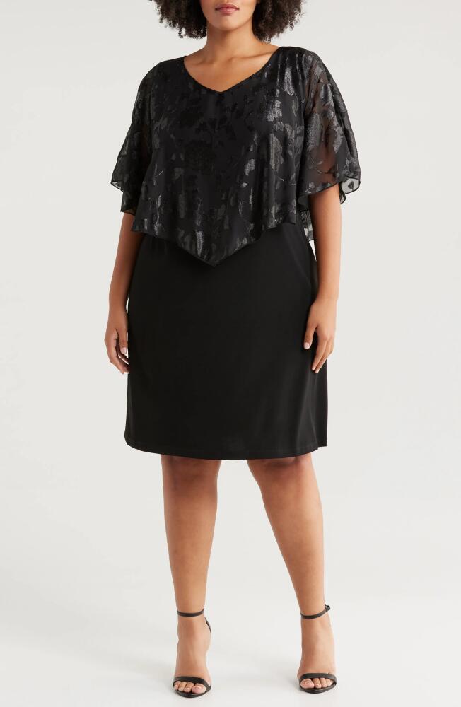 Connected Apparel Floral Jacquard Cape Overlay Cocktail Dress in Black Cover