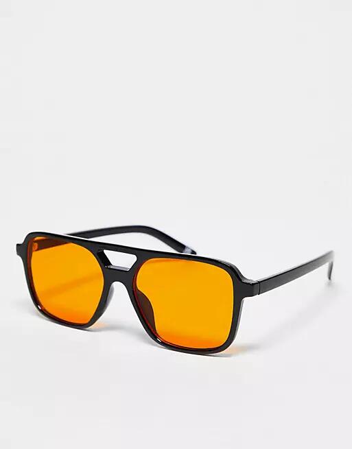 ASOS DESIGN fine frame aviator fashion glasses with orange lens-Multi Cover