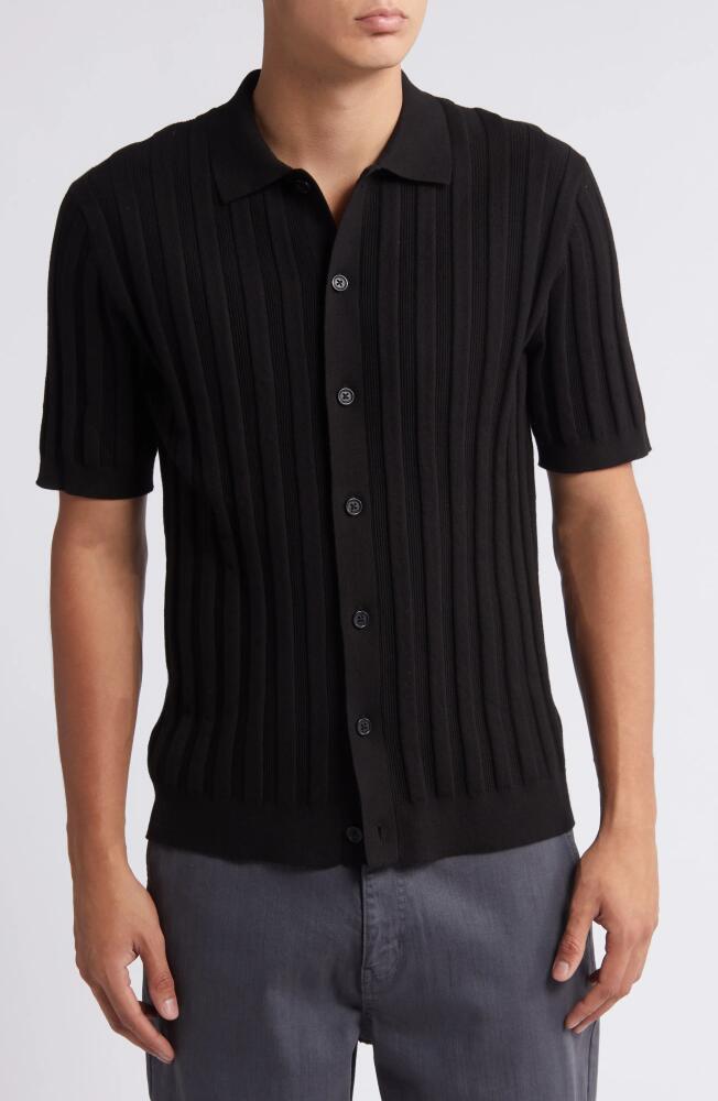 Wax London Tellaro Short Sleeve Cotton Blend Pointelle Button-Up Sweater in Black Cover