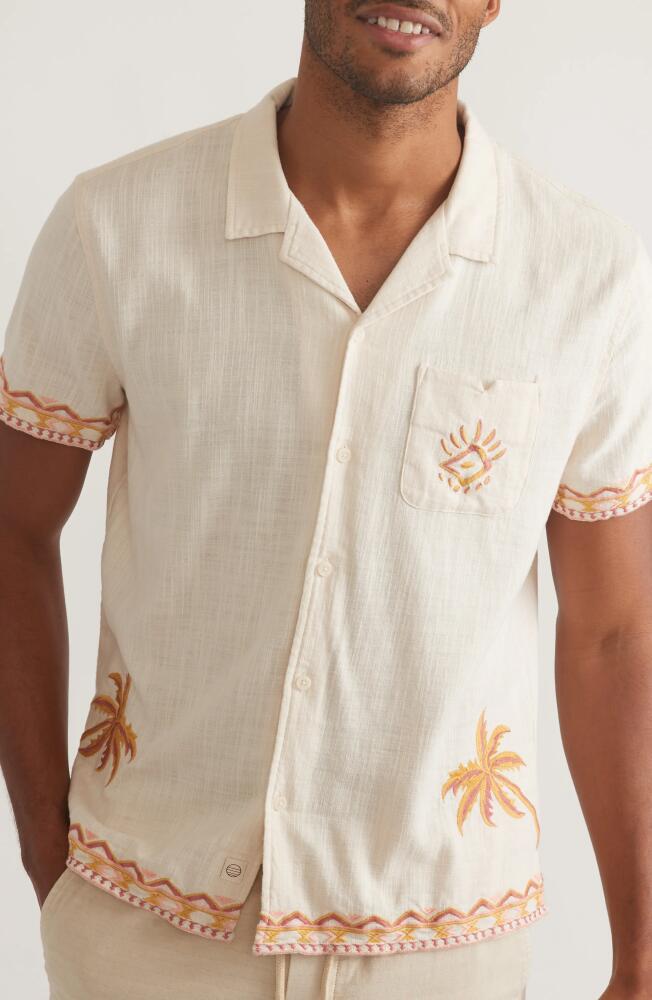 Marine Layer Embroidered Stretch Cotton Camp Shirt in Natural/Coral Cover