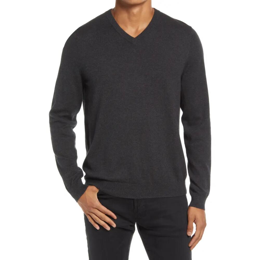 Nordstrom Men's Shop Cotton & Cashmere V-Neck Sweater in Grey Dark Charcoal Heather Cover