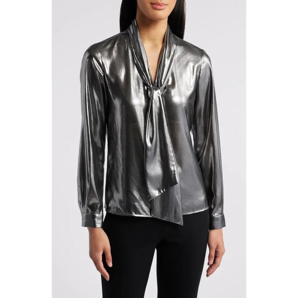 Anne Klein Metallic Tie Neck Shirt in Liquid Gunmetal Cover