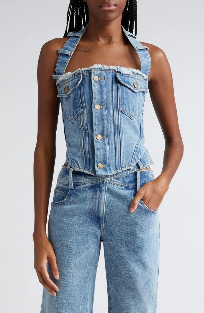 MONSE Deconstructed Halter Denim Bustier Top in Indigo Cover