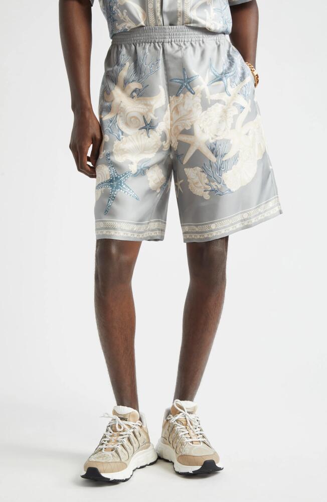 Versace Barocco Sea Print Silk Twill Shorts in Cocrete Dusty Blue Bone Cover