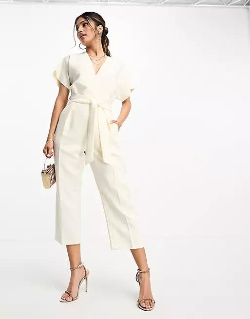 Closet London tie waist kimono jumpsuit in ivory-White Cover