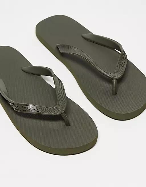 Jack & Jones logo flip flops in khaki-Green Cover