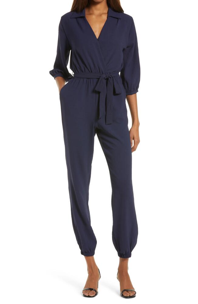 Fraiche by J Tie Waist Long Sleeve Jumpsuit in Navy Cover