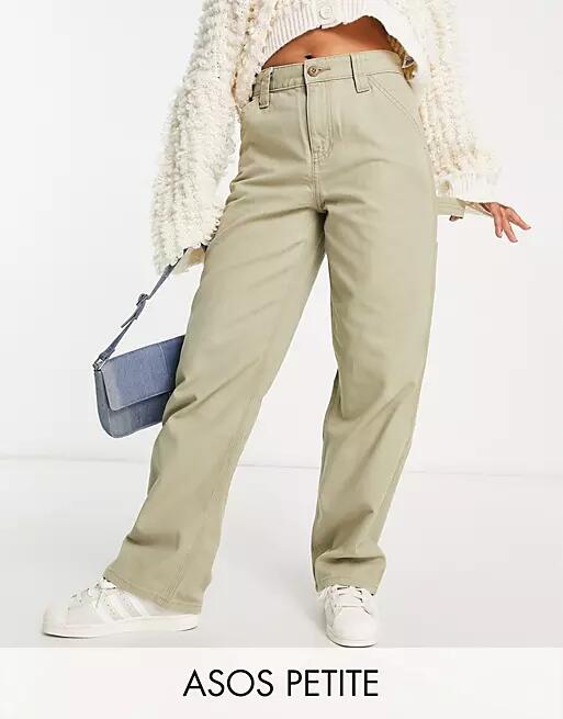 ASOS DESIGN Petite minimal cargo pants in khaki with contrast stitching-Green Cover