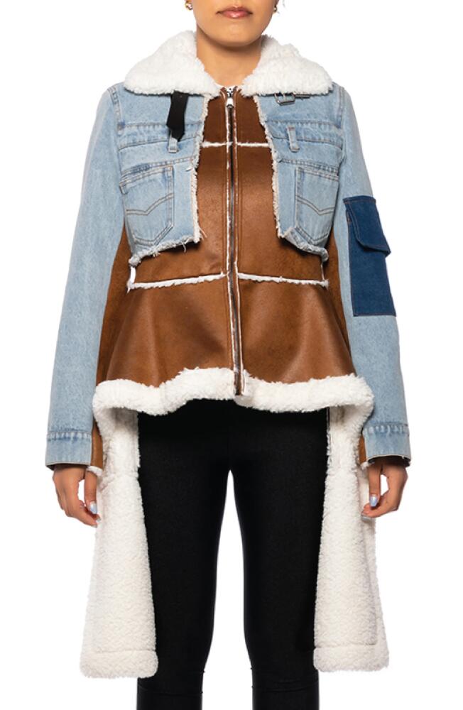 AZALEA WANG Denim & Faux Shearling Jacket in Brown/blue Multi Cover