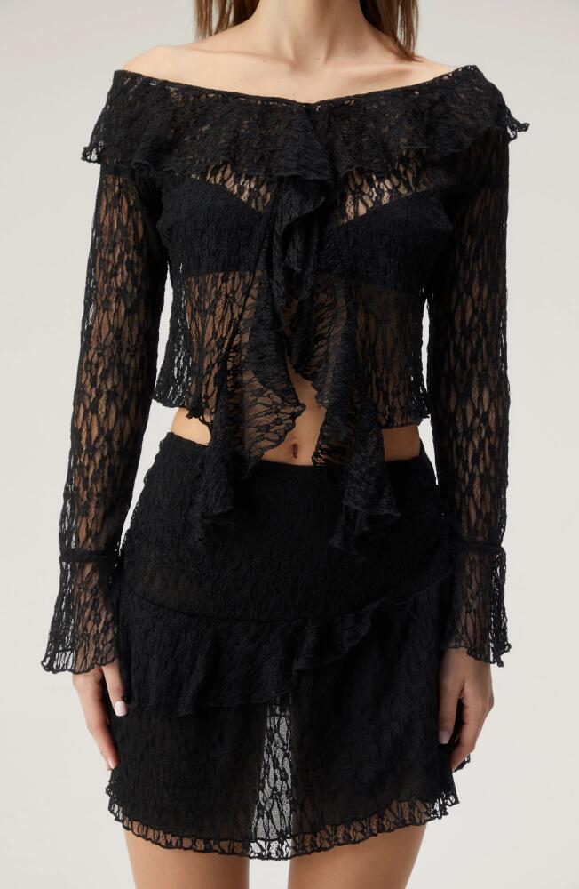 NASTY GAL Sheer Lace Ruffle Off the Shoulder Crop Top in Black Cover