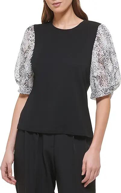 DKNY Short Sleeve Crew Neck Printed Chiffon Sleeve Blouse (Black/Ivory Multi) Women's Clothing Cover