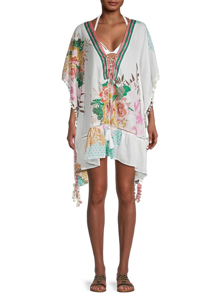 Ranee's Women's Floral Pom-Pom Caftan Coverup - White Cover