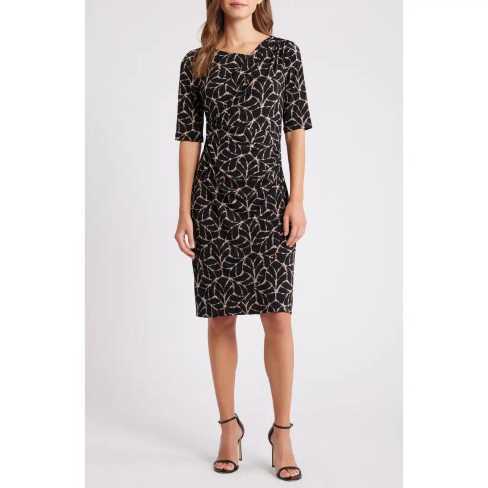 Connected Apparel Short Sleeve Faux Wrap Dress in Black/camel Cover