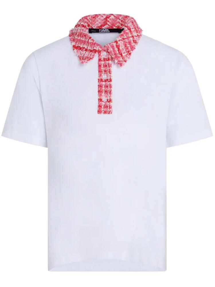 Karl Lagerfeld logo-embroidered bouclé-trim polo top - White Cover