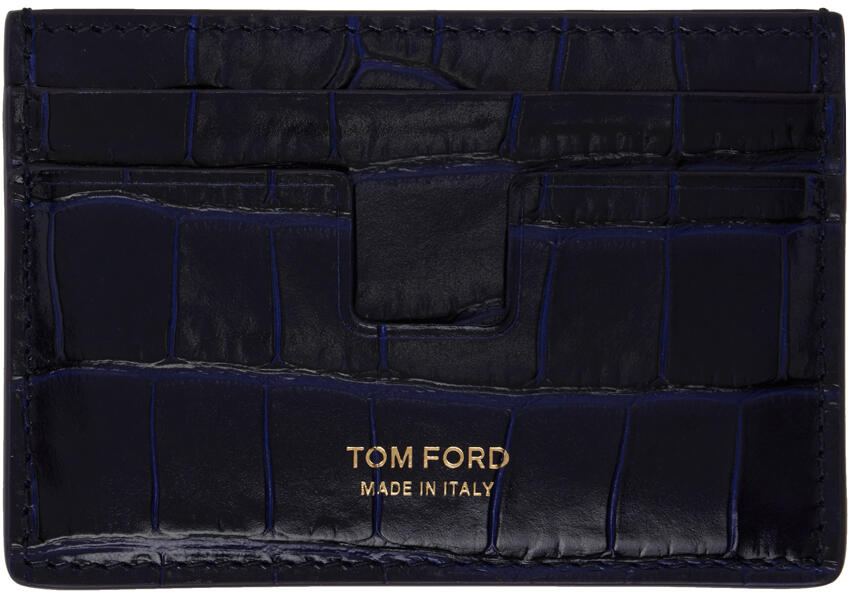 TOM FORD Navy Shiny Printed Croc T-Line Card Holder Cover