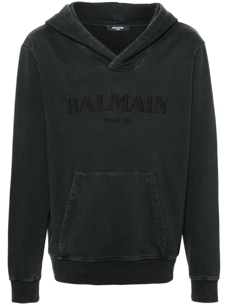 Balmain logo-embroidered cotton hoodie - Grey Cover