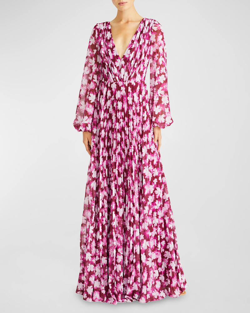 ML Monique Lhuillier Melanie Pleated Floral-Print Chiffon Gown Cover