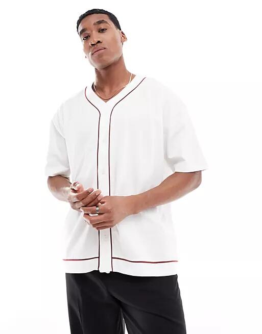 ASOS DESIGN oversized button up baseball t-shirt with contrast piping in white Cover