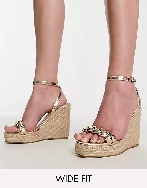 Glamorous Wide Fit espadrille wedge heeled sandals in gold Cover