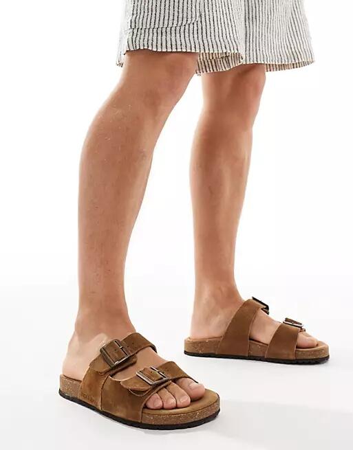 Jack & Jones suede double strap sandals in tan-Neutral Cover