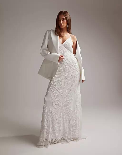 ASOS DESIGN Neve placement embroidered and beaded cami wedding dress in ivory-White Cover