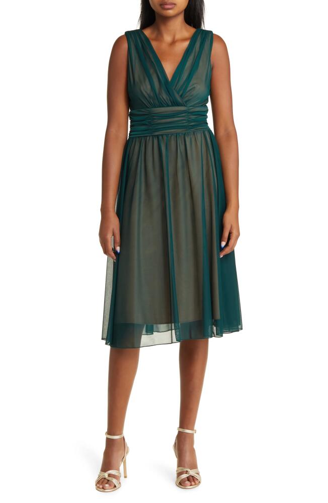 Connected Apparel Chiffon Overlay Fit & Flare Dress in Hunter/Gold Cover